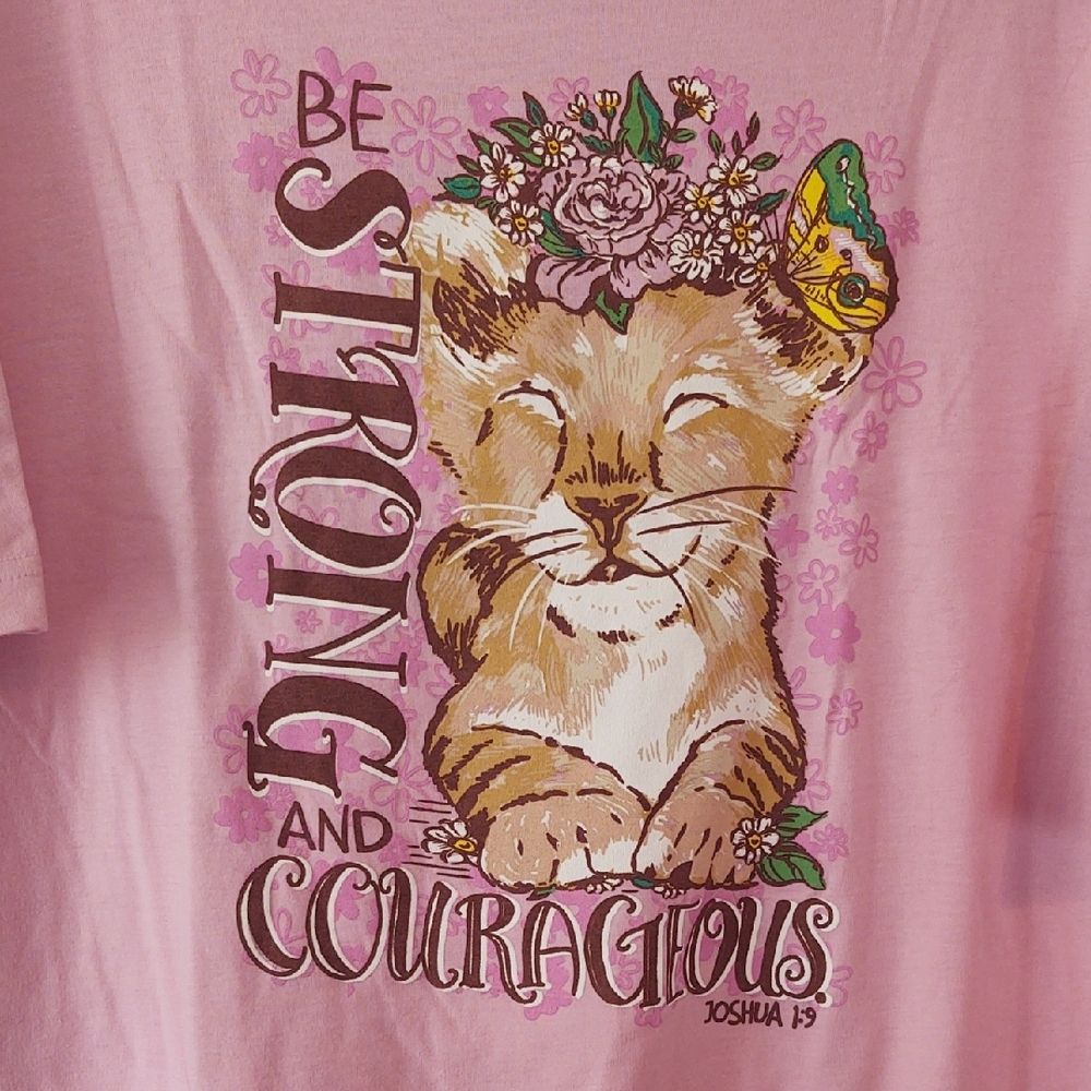 Love In Faith "Be Strong And Courageous" Pink Women's Shirt with Cat Design 2X